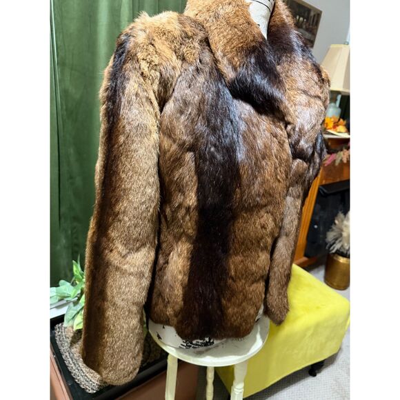 Real Rabbit Fur Short Coat | Chestnut Brown Panels | 1970s  Fur Jacket Small - Picture 8 of 10
